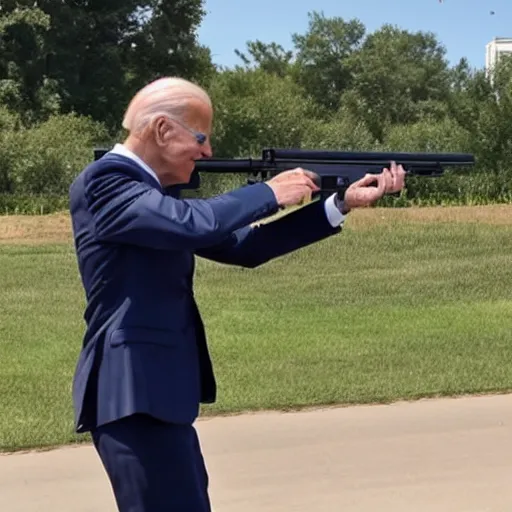 Prompt: Joe Biden aiming assault rifle at the camera