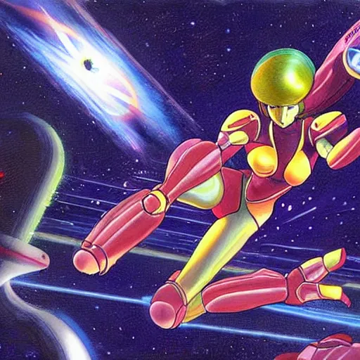 Image similar to a beautiful painting of samus from metroid charging her energy cannon arm inside a hyper advanced space habitat by moebius