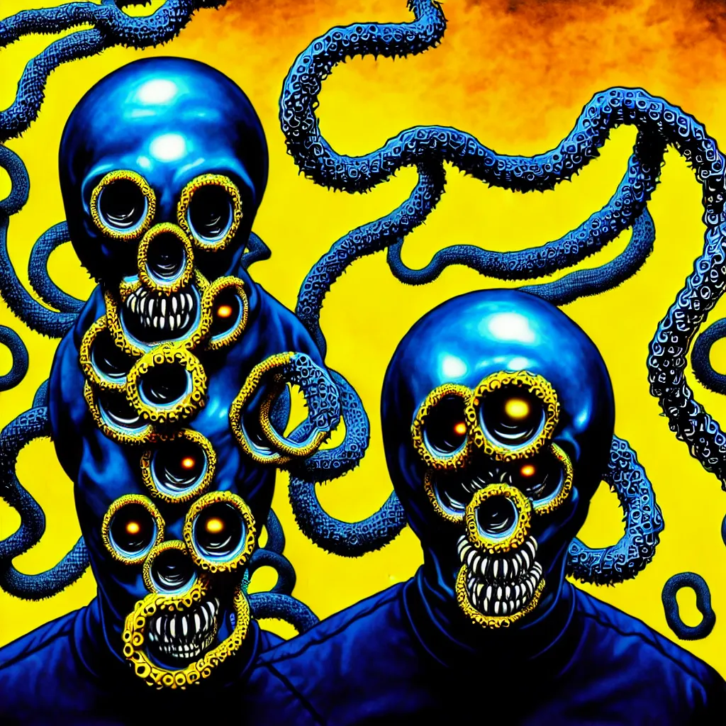 Prompt: a self portrait by the artist kelbv, in distinct hyper detailed style with tubes coming from eyes, and hollowed skull filled with blue and yellow accountancy ellipsoids, perfect studio lighting against a backdrop of a still from the movie fire tentacle.