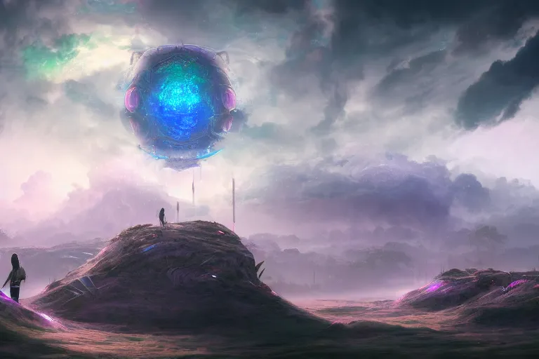 Prompt: a psychedelic realm with rolling plains made out of clouds, and giant portals scattered throughout that lead into the multiverse, in the style of wlop, illustration, epic, fantasy, hyper detailed, smooth, unreal engine, sharp focus, ray tracing