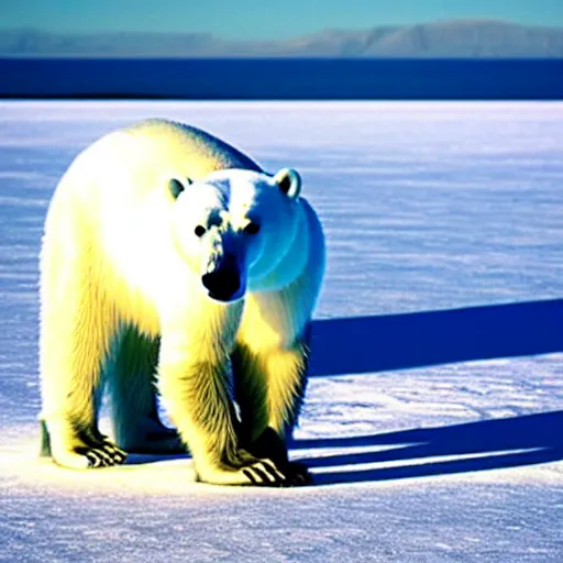 Prompt: a photo of a skinny polar bear beside a block of ice, on a tiny pacific island, beautiful desert island, national geographic