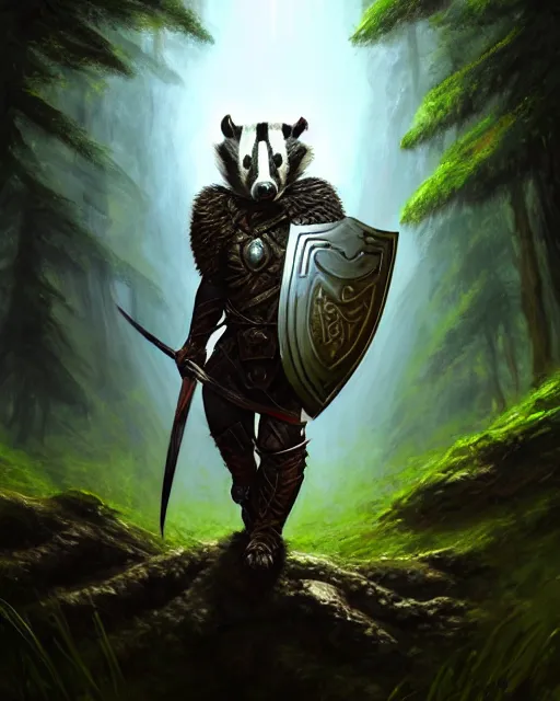 Image similar to Badger Warrior holding huge shield, forest background, D&D, artstation, fantasy, magic the gathering artwork, cinematic lighting, centered, symmetrical, highly detailed, digital painting, , concept art, smooth, sharp focus, illustration, volumetric lighting, epic Composition, 8k, art by Akihiko Yoshida and Greg Rutkowski and Craig Mullins, oil painting, cgsociety