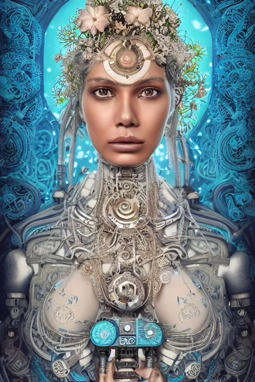Image similar to a beautiful intricate fine art portrait photo of an indian cyborg with bionic implants, epic wavy hair spread out around her lined with white hibiscus, lying on a mandala, by natalie shau and james christensen, masterpiece!, turquoise blue face, mechanical robot body, top view, studio lighting, golden ratio composition, 3 5 mm lens, deep depth of field, artstation, 8 k