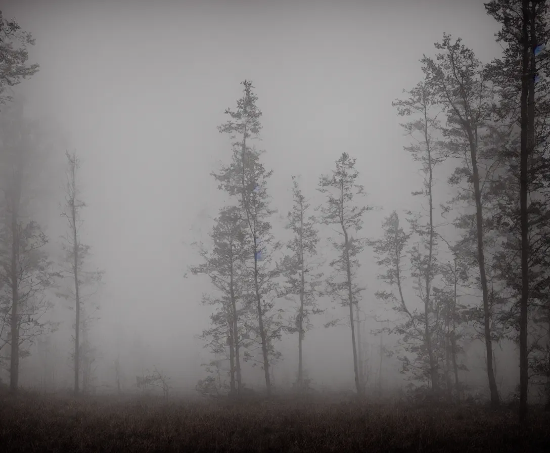 Image similar to a creepy cabin in the middle of a foggy haunted forest, nightmare, horror, haunting, soft tones, red sky, ominous lighting, dark, stormy