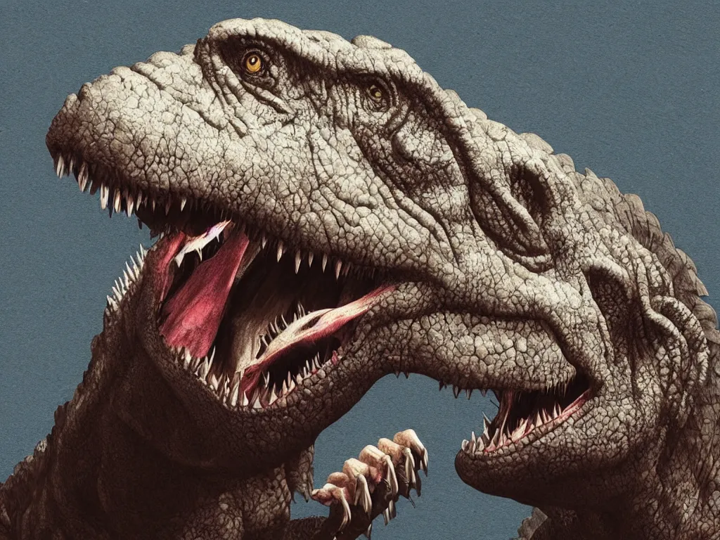 Image similar to tyrannosaurus rex holding an iphone, photorealistic