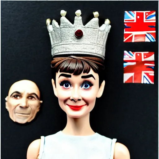 Image similar to audrey hepburn cos play king george iii, stop motion vinyl action figure, plastic, toy, butcher billy style