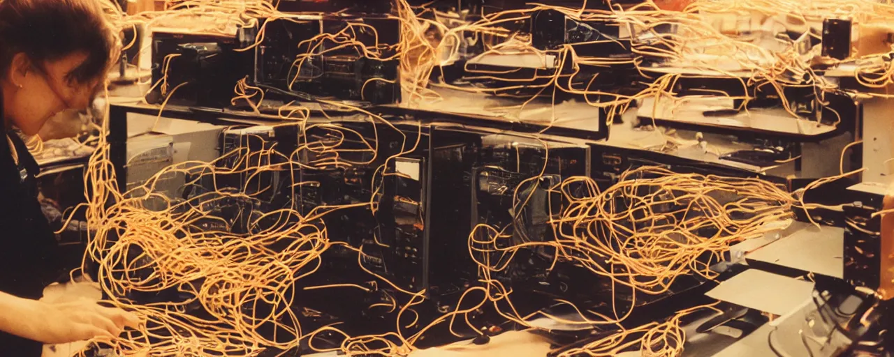 Image similar to a computer made out of spaghetti, inside a blockbuster vieo, cinematic lighting, photography, retro, film, kodachrome