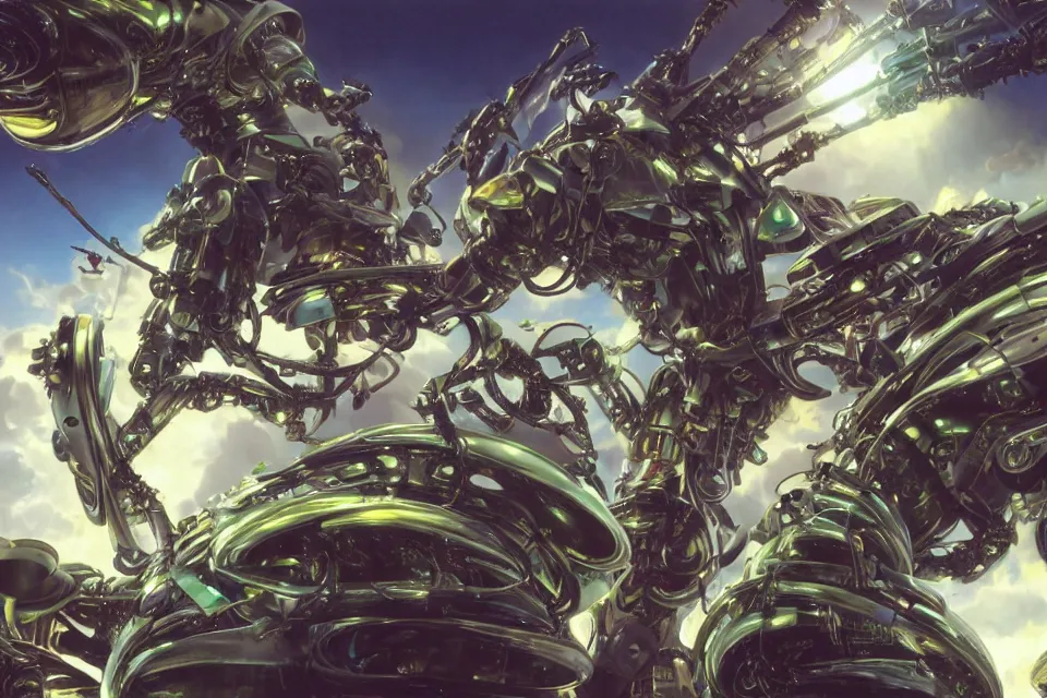 Image similar to an extreme close - up of a cyborg mecha nymph playing with a giant insect surrounded by saxophones, palm trees, jungle fruit, and stylized designer modular chrome eye candy, volumetric light caustics clouds of smoke, by hajime soryama, boris vallejo, bouguereau