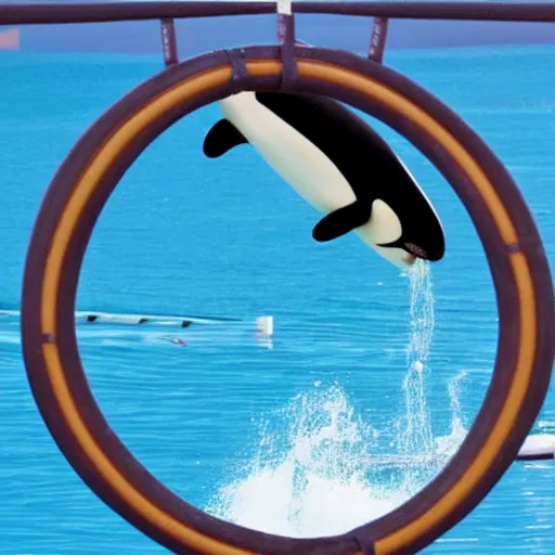 Prompt: an orca jumping through a hoop held by robbie williams, sea world, high detail