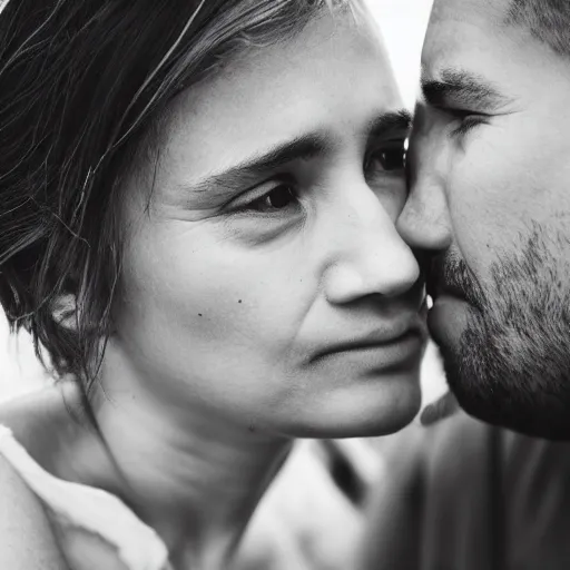 Prompt: A woman and a man face to face, close up portrait shot