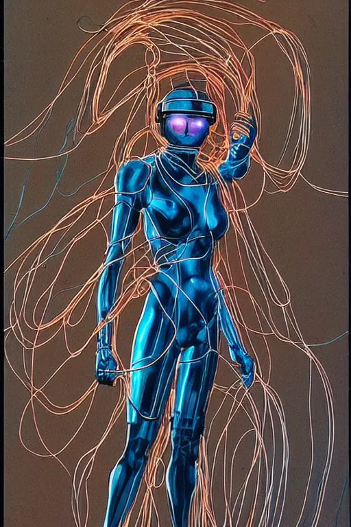 Prompt: A beautiful woman wearing a cybernetic helmet with many wires plugged into is and in her body by Moebius and Rahzzah