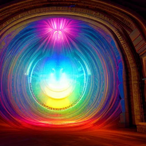 Prompt: colorful wormhole opening up inside a cathedral. fantasy. octane render.