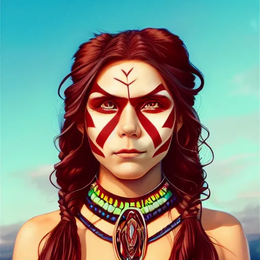 Image similar to in the style of artgerm and Andreas Rocha and Joshua Middleton, beautiful Native American young woman with long hair and red paint strip across eyes, smile on face, Symmetrical eyes symmetrical face, bead necklace, scenic prairie in background sunrise, natural lighting, warm colors