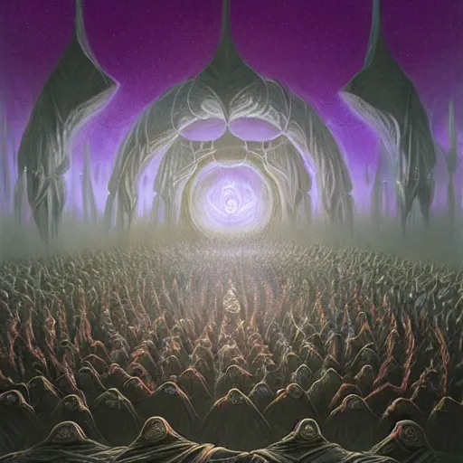 Prompt: a quantum computer surrounded by a dark cabal of multiple hooded elven mystics in long dark robes gathered in a circular formation, dan seagrave art, michael whelan