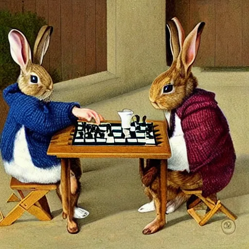 Image similar to rabbits drinking tea and playing chess. Painting of rabbits in sweaters by James Gurney (charming illustration of two cute rabbit gentlemen).