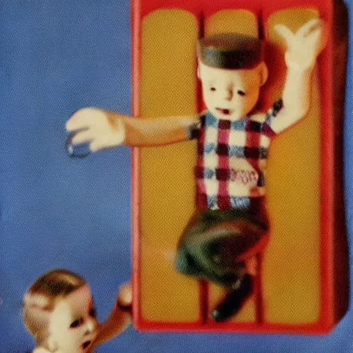 Image similar to 1 9 5 0 s children toys on strings leaping towards you, scary, fear, horror, thriller, jump scare, pov, polaroid,