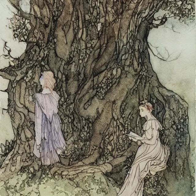 Image similar to a detailed, intricate watercolor and ink portrait illustration with fine lines, of a lovely, pretty, young alicia vikander in a dress reading under a gnarled tree, by arthur rackham and edmund dulac