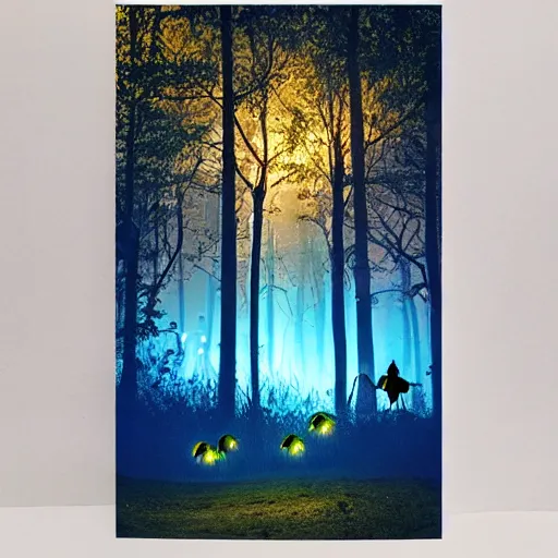 Image similar to enchanted forest with magical creatures at night with a blue hue with fireflies, real life, photograph, photorealistic, 4 k