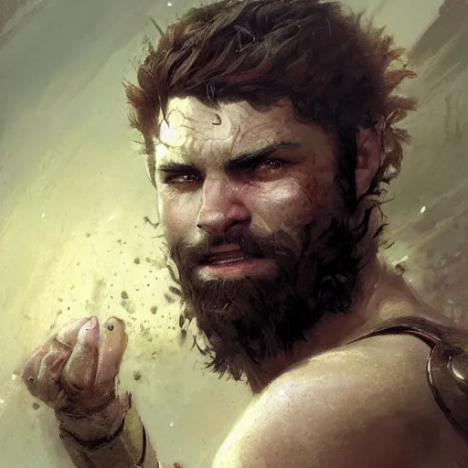 Image similar to young gladiator man with short sandy hair and a trim beard, big forehead, dopey expression, athletic, fantasy character portrait by greg rutkowski, gaston bussiere, craig mullins