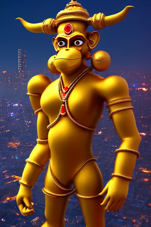 Prompt: high quality 3 d render cute cyborg hanuman! with gold nose piercings, highly detailed, cyberpunk mumbai in the background, unreal engine cinematic smooth, in the style of solaris & detective pikachu, hannah yata charlie immer, moody light, low angle, uhd 8 k, sharp focus