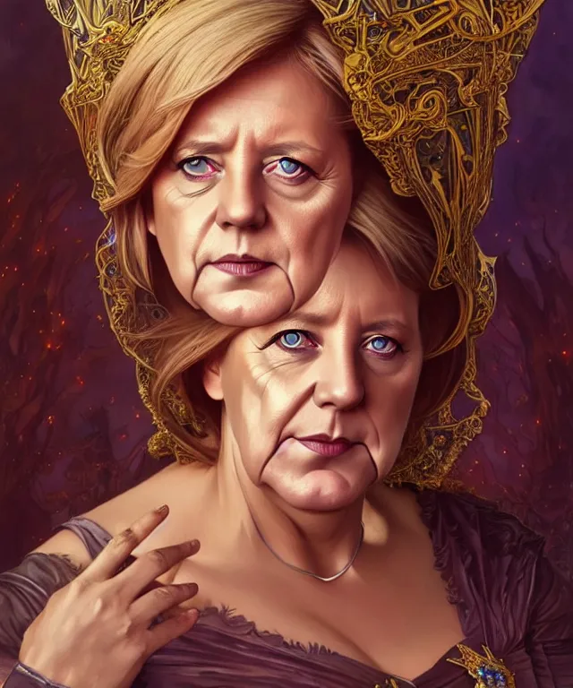 Prompt: Angela Merkel as a fantasy magic woman portrait, sci-fi, amber eyes, face, long hair, fantasy, intricate, elegant, highly detailed, digital painting, artstation, concept art, smooth, sharp focus, illustration, art by artgerm and greg rutkowski and alphonse mucha