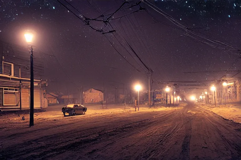 Image similar to an emty street of a city on the Moon called Noviy Norilsk, with a car at night with only by one street light, photo by Gregory Crewdson,