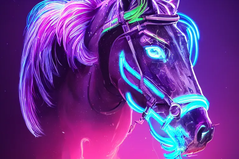 Prompt: a stunning cyberpunk horse with bioluminescent mane and tail by sandra chevrier and greg rutkowski, neon hooves, purple blue color scheme, vaporware, retro, outrun, high key lighting, volumetric light, digital art, highly detailed, fine detail, intricate, ornate, complex, octane render, unreal engine, photorealistic