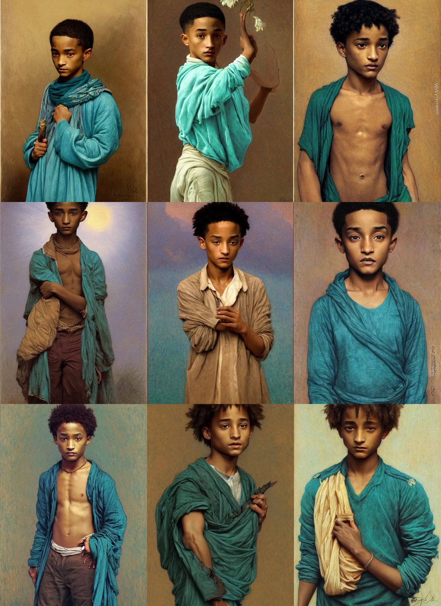 Prompt: jaden smith as young libyan boy, short haircut, teal cloth, intricate, dark, highly detailed, sharp focus, illustration, orientalism, bouguereau, rutkowski, mucha