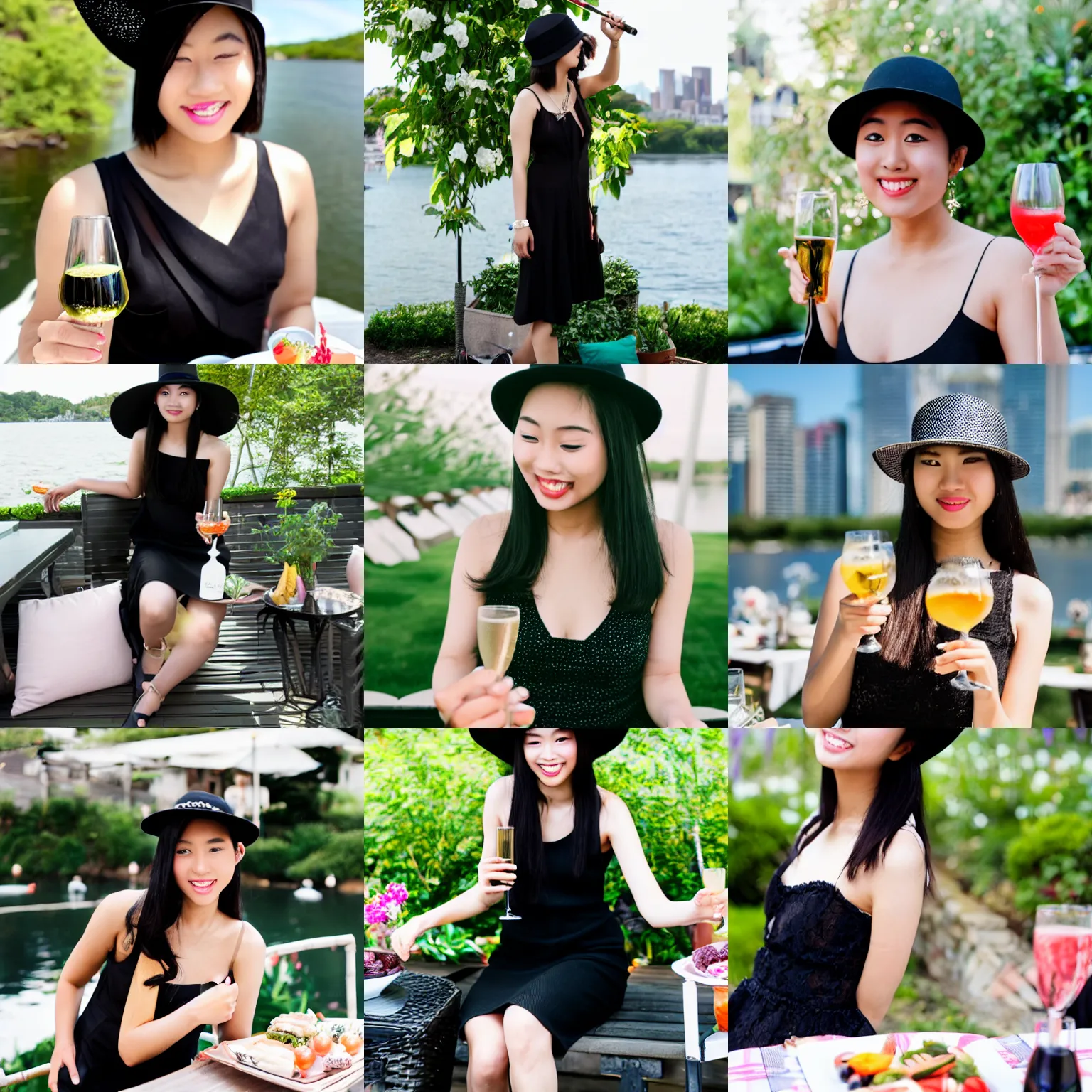 Prompt: young, beautiful Asian woman in a black sundress, wearing a thin black hat, drinking Prosecco on a waterfront garden brunch party