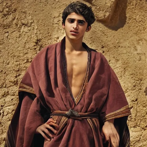 Prompt: award winning cinematic still portrait of handsome 17 year old Mediterranean skinned man in Ancient Canaanite clothing, colorful cloak, short hair, Biblical epic directed by Steven Spielberg