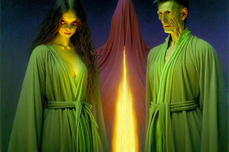 Image similar to the female arcanist and the male artificer by zacharias aagaard and albert bierstadt and gerald brom and zdzisław beksinski and james gilleard and wayne barlowe and jean delville, beautiful, robes, highly detailed, hyperrealistic, intricate, energy, electricity, blue flame, low light, green crystal, high contrast