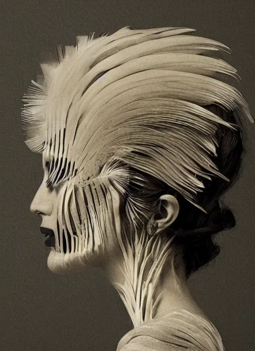 Image similar to a womans face in profile made of feathers skeleton in the style of the dutch masters and gregory crewdson dark and moody