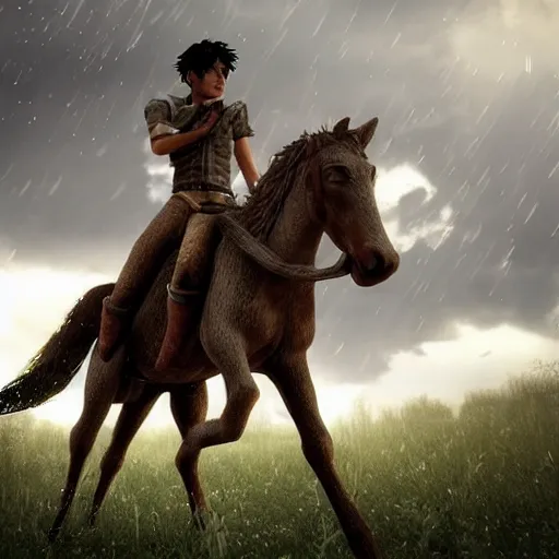 Image similar to eren yeager riding minecraft horse, beautiful face, stunning, octane render 8 k hdr, redshift render, rule of thirds, cinematic lighting, rainy weather, melancholy atmosphere, sharp focus, backlit, smooth, hard focus, full body shot, instagram photo, shot on sony a 7 iii, hyper realistic, cinematic