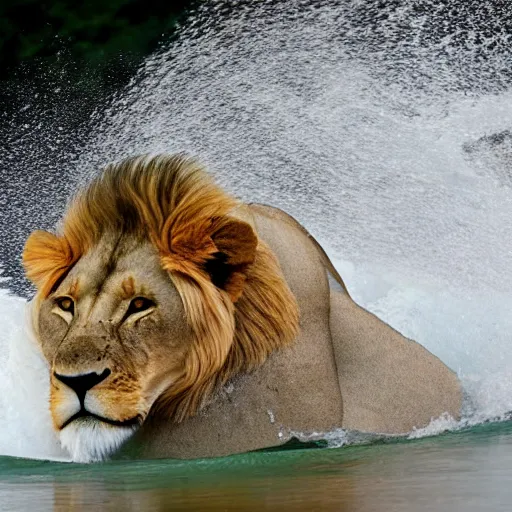 Image similar to a lion's face breaching through a wave