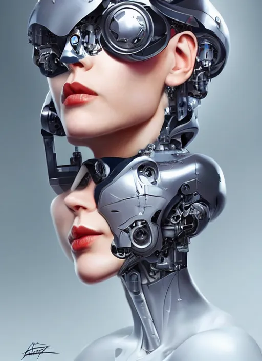Prompt: portrait of a cyborg woman who turns her head to the ((((((right))))) left+140 (((((up))))) (((((down))))) by Artgerm,eyes closed , biomechanical, hyper detailled, trending on artstation