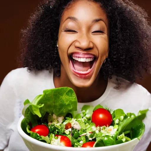 Image similar to Woman laughing and eating a salad, stock photo