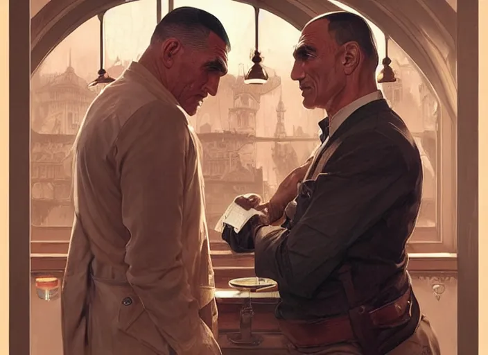 Image similar to vinnie jones and ghandhi and einstein in a pub, real life skin, intricate, elegant, highly detailed, artstation, concept art, smooth, sharp focus, art by artgerm and greg rutkowski and alphonse mucha