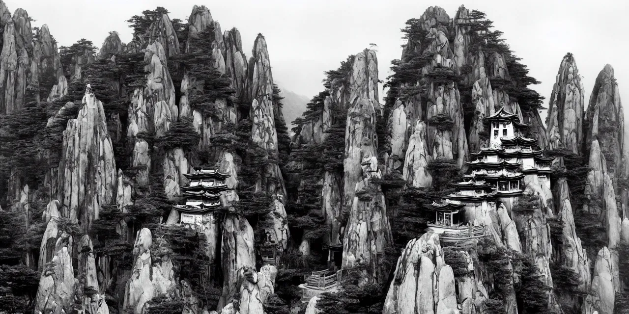 Image similar to the taoist temples of huangshan, masterpiece by ansel adams