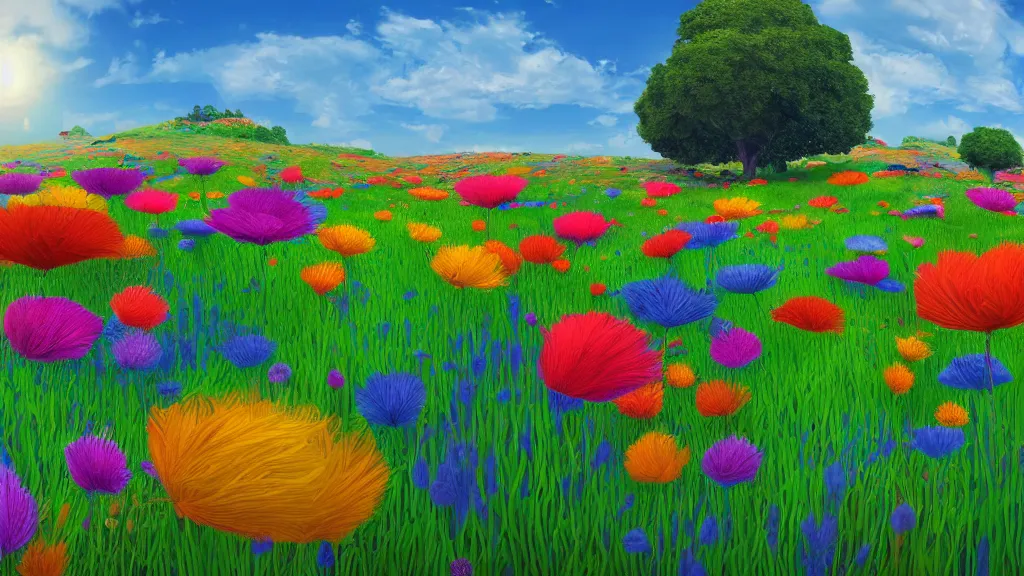 Prompt: first person perspective digital illustration of a field of large vibrant flowers with big petals by beeple and Dr. Seuss:1|trees by Dr. Seuss, colorful rolling hills of beautiful flowers, wide angle panoramic by Industrial Light and Magic, viewed from eye level:0.9|fantasy, cinematic:0.9|Unreal Engine, Octane, finalRender, devfiantArt, artstation, artstation HQ, behance, HD, 16k resolution:0.8