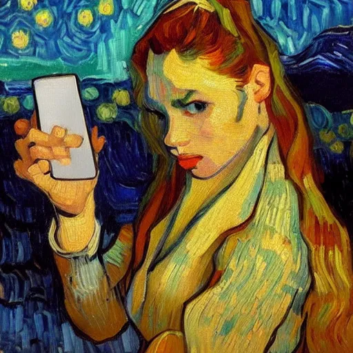 Image similar to a modern impressionist painting of a beautiful woman with a smartphone, oil on canvas, van Gogh style, trending on artstation