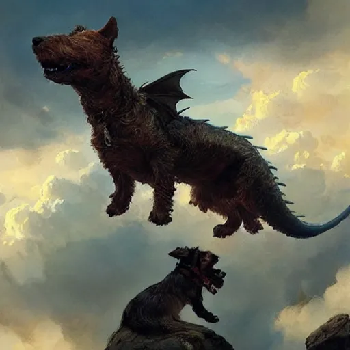 Image similar to a dog, a little terrier, looking up a huge dragon flying overhead, beautiful fantasy painting by greg rutkowski