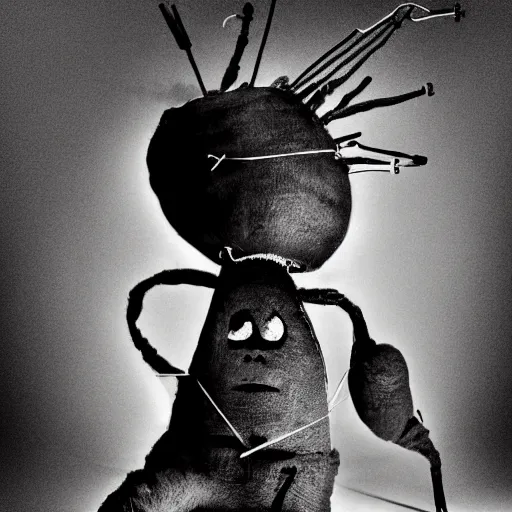 Image similar to a living large voodoo doll with needles, black and white photo, 4k, realistic, real photography, hyperreal