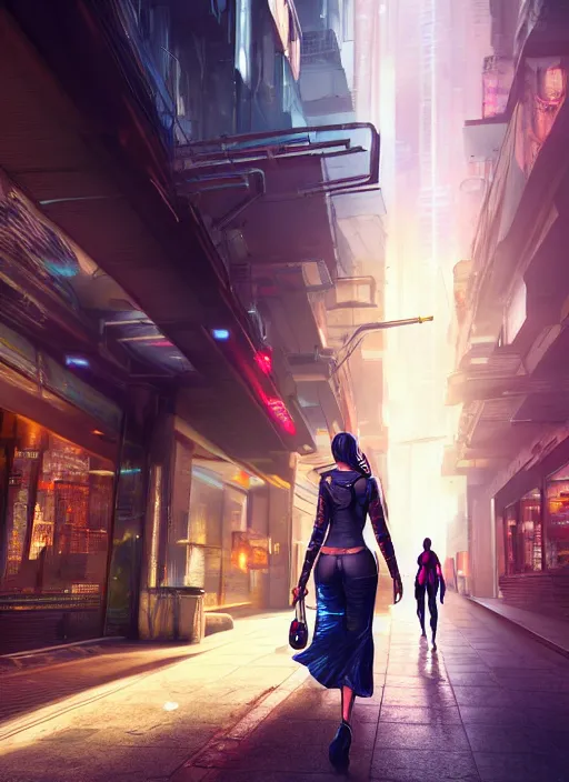 Prompt: photo of a beautiful woman walking through a cyberpunk city, full body, hyper realistic, 8 k, dslr, unreal engine, highly detailed, science fiction portrait by laura sava