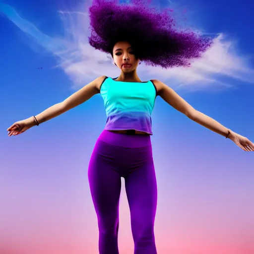 Image similar to a award winning half body shot of a beautiful woman in a croptop and leggings with a ombre purple pink teal hairstyle with head in motion and hair flying, outrun, vaporware, highly detailed, fine detail, intricate