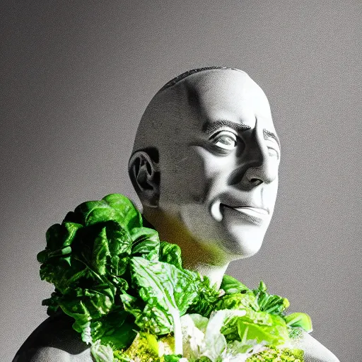 Image similar to hyperrealistic mixed media image of a statue of jerry seinfeld made entirely of salad and leafy green vegetables, stunning 3 d render inspired art by istvan sandorfi and greg rutkowski, perfect facial symmetry, realistic, highly detailed attributes and atmosphere, dim volumetric cinematic lighting, 8 k octane extremely hyper - detailed render, post - processing, masterpiece,