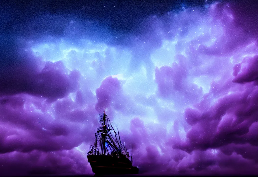 Image similar to purple color lighting storm with stormy sea close up of a pirate ship firing its cannons trippy nebula sky with dramatic clouds by banksy Photorealism