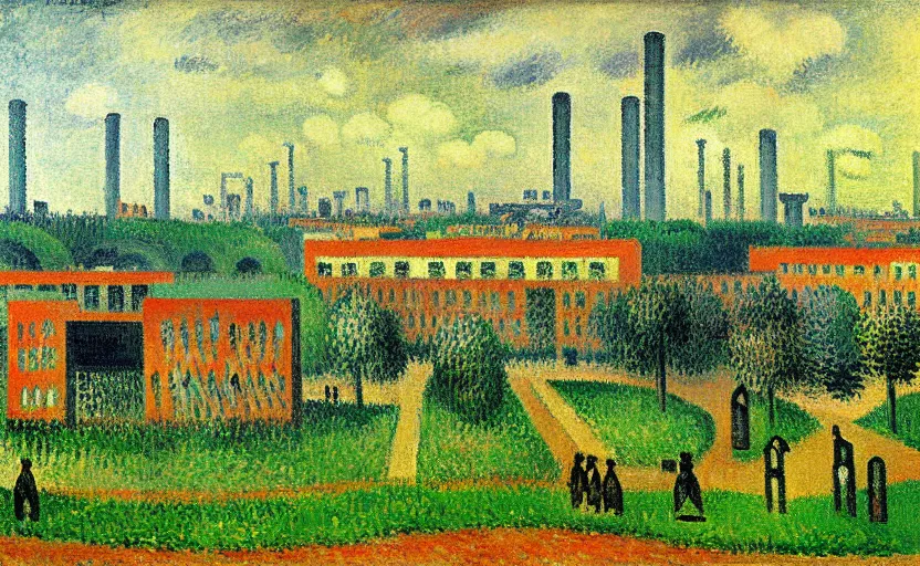 Image similar to geometric painting of industrial buildings surrounded by undergrowth by camille pissarro