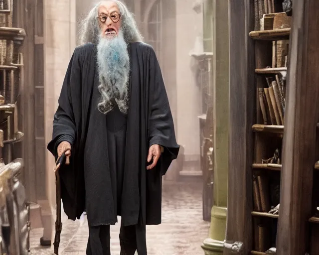 Prompt: jeff goldblum casted as dumbledore in a scene from harry potter