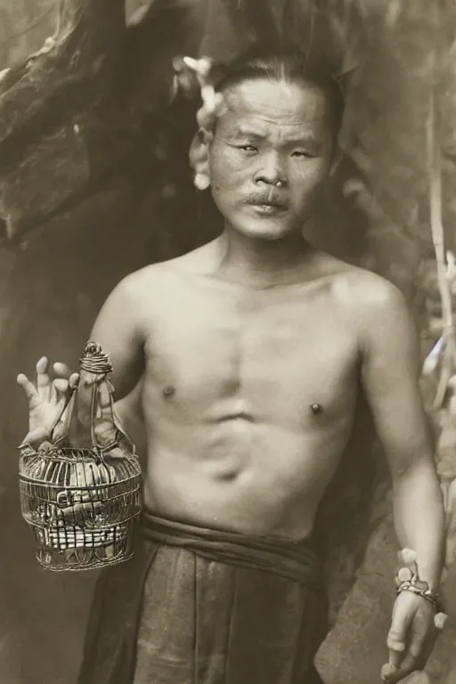 Image similar to ultra realistic vintage photo portrait of a tibetan man with a birdcage in the chest, by Annie Leibovitz,