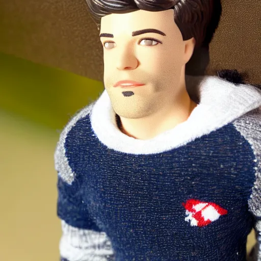 Prompt: a 21 year old skinny white guy with no beard and black hair on top, short on sides, in a navy blue sweater, jeans and grey new balance shoes funko pop close up highly detailed photo